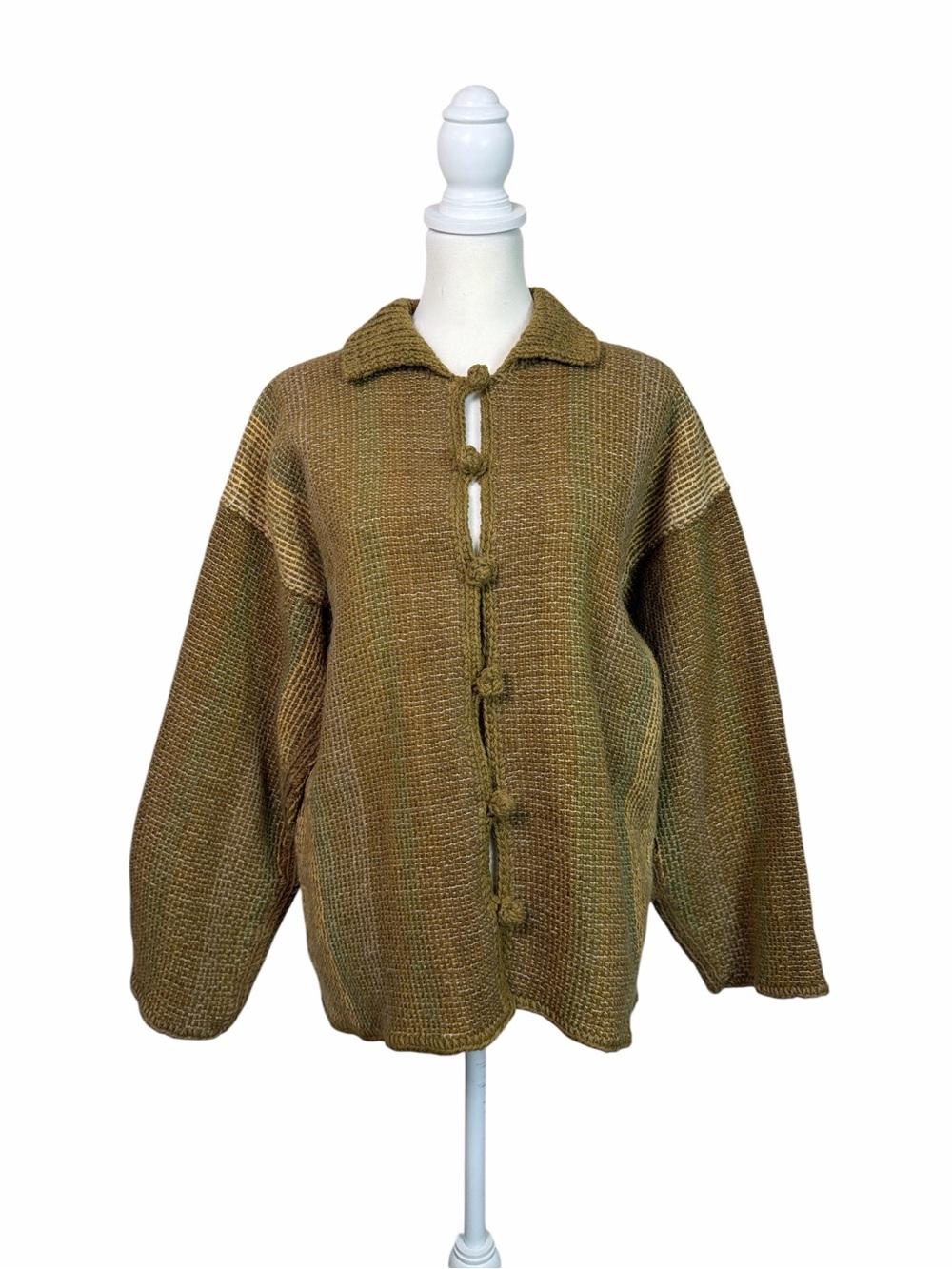 Women’s XL Wool Woven Cardigan Jacket Frog Closure Earth Tone Boho Artisan